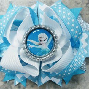 Boutique Character Blue White Sparkly Bottle Cap Girls Hair Bow Accessories 4.5"